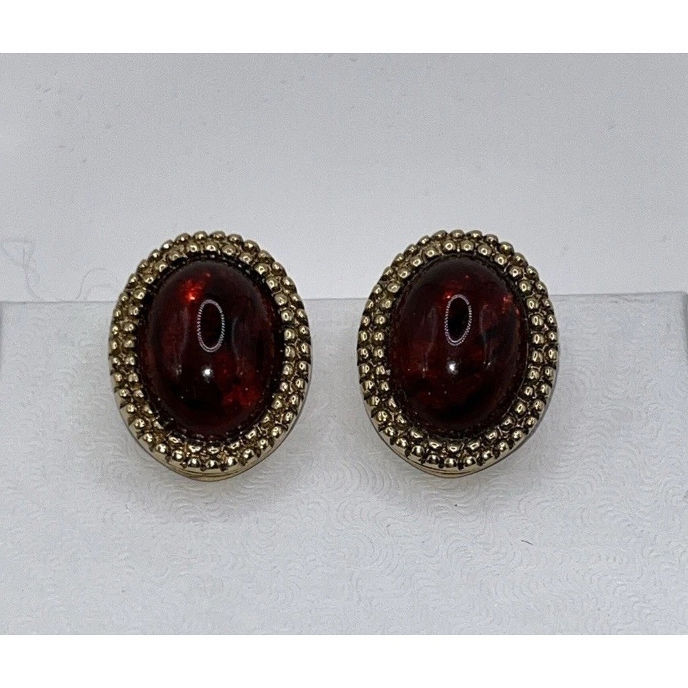 Vtg Signed CINER Etruscan Faux Amber Cabochon CLIP EARRINGS Double Granulation‎